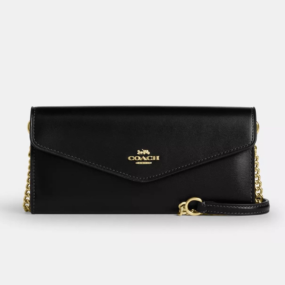 Coach Black Leather Clutch with Gold Accents
